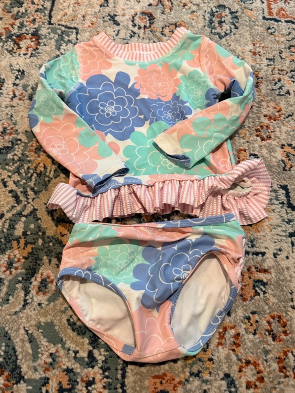 Ruffle Butts Pastel Floral Ruffle Two-Piece Swim Set - Pink/Blue/Green